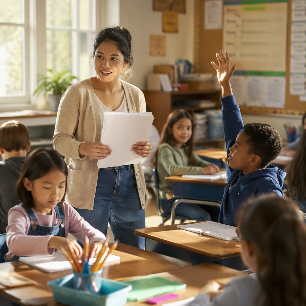 Young Teacher Greeting Students in Classroom