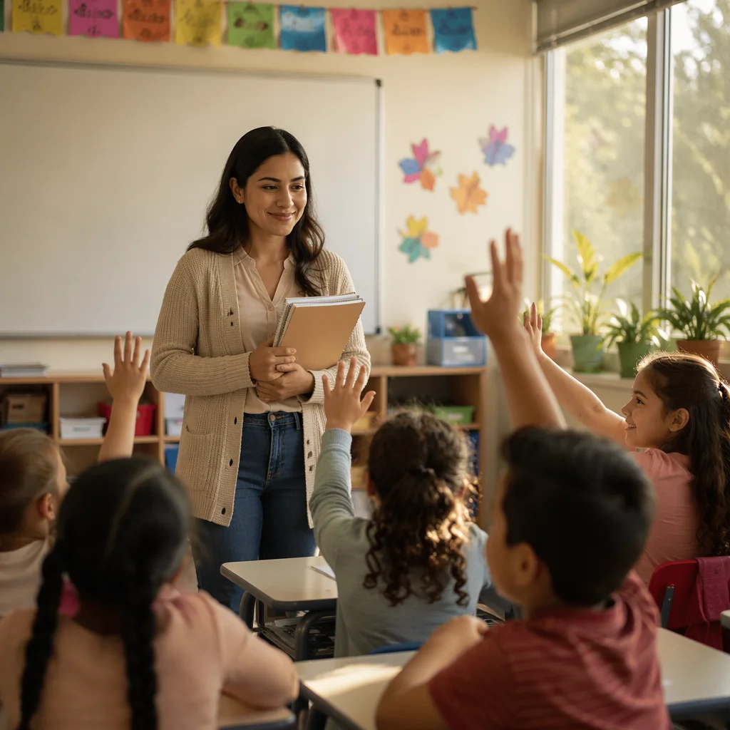 Young Teacher Greeting Students in Classroom