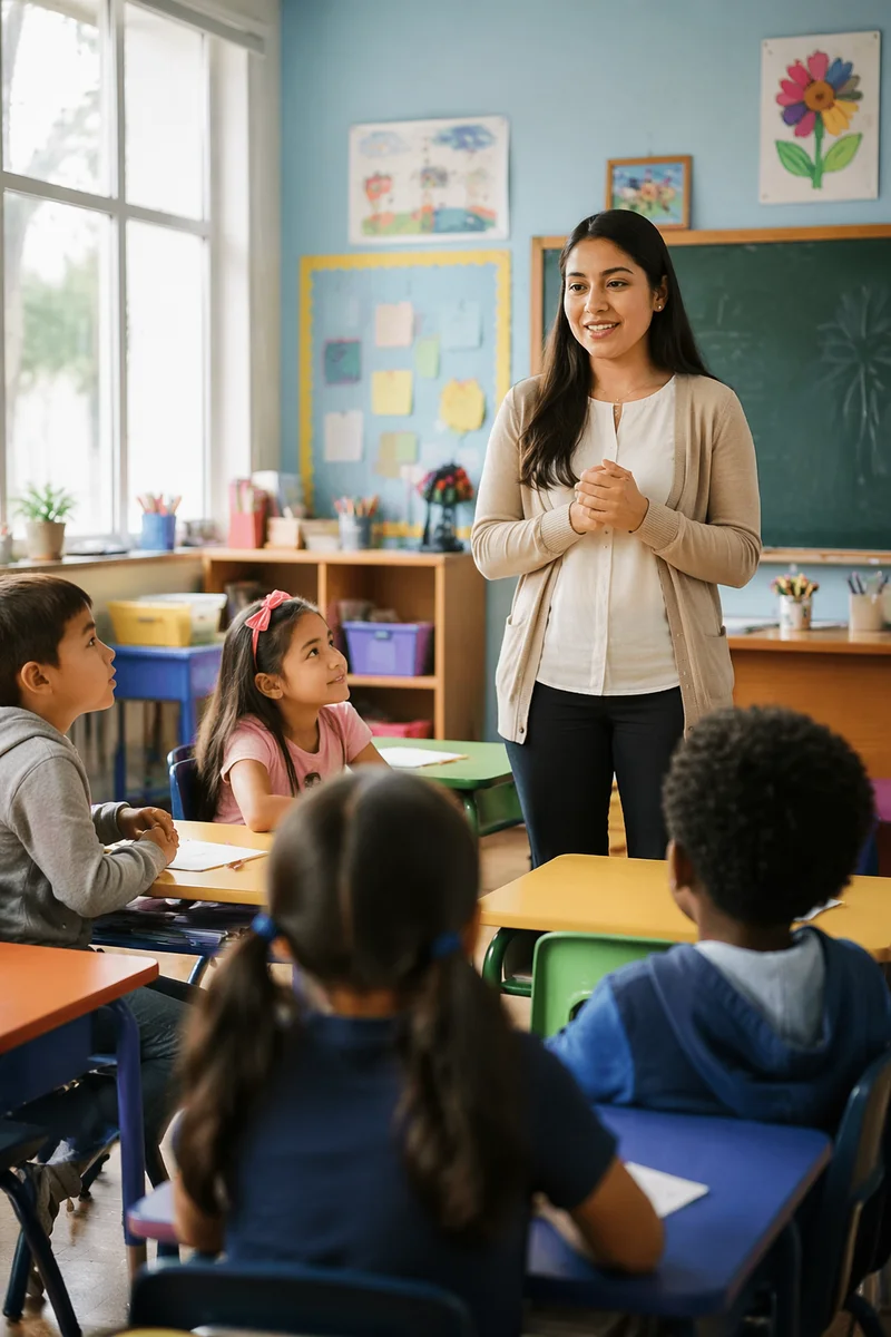 Young Teacher Greeting Students in Classroom