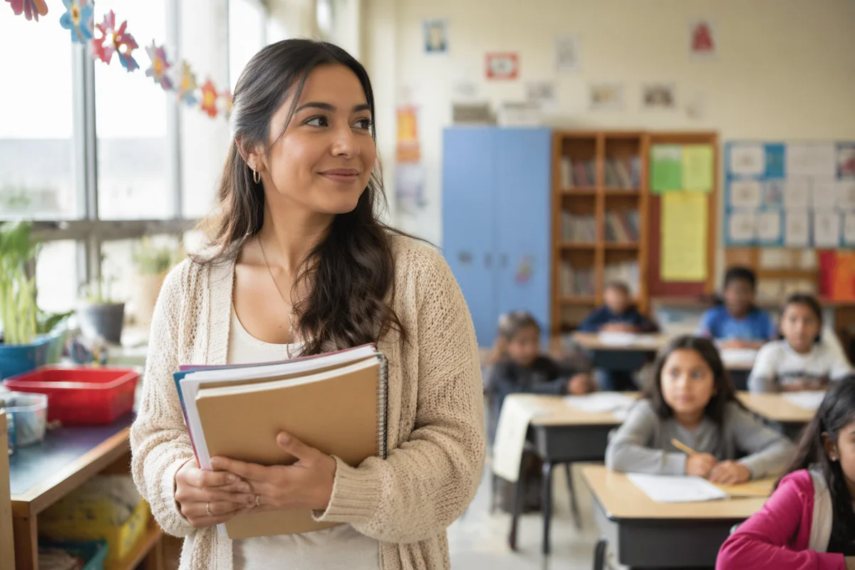 Young Teacher Welcoming Students in Classroom