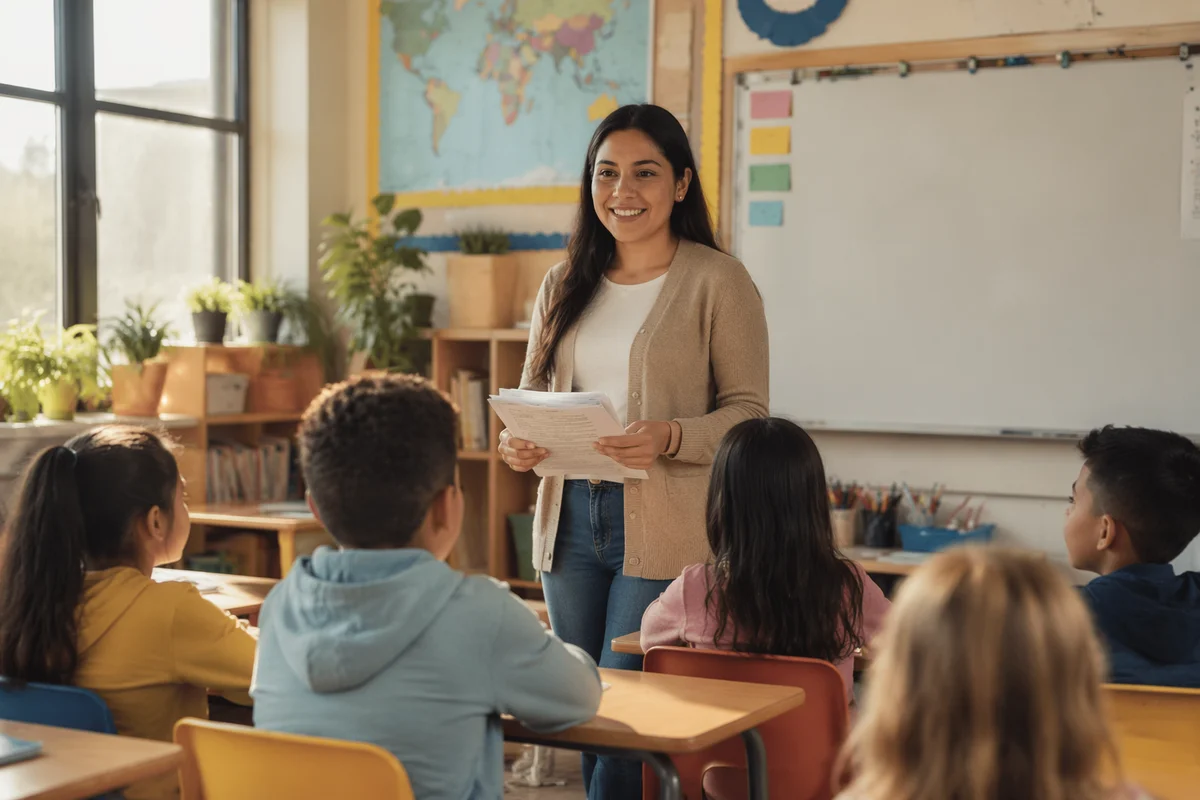 Young Teacher Greeting Students in Classroom