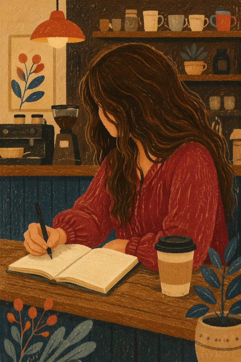Thoughtful Young Woman Journaling in Coffee Shop