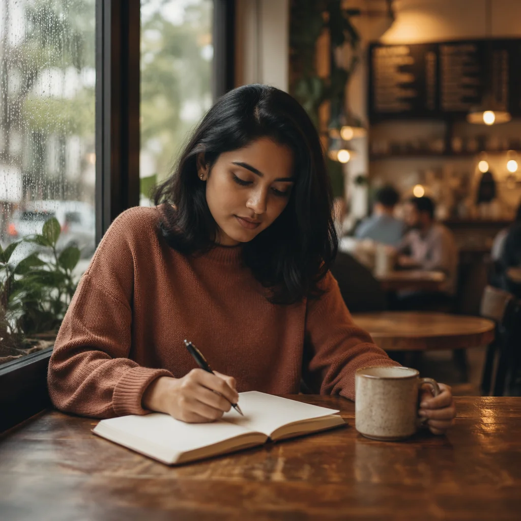Thoughtful Young Woman Journaling in Coffee Shop