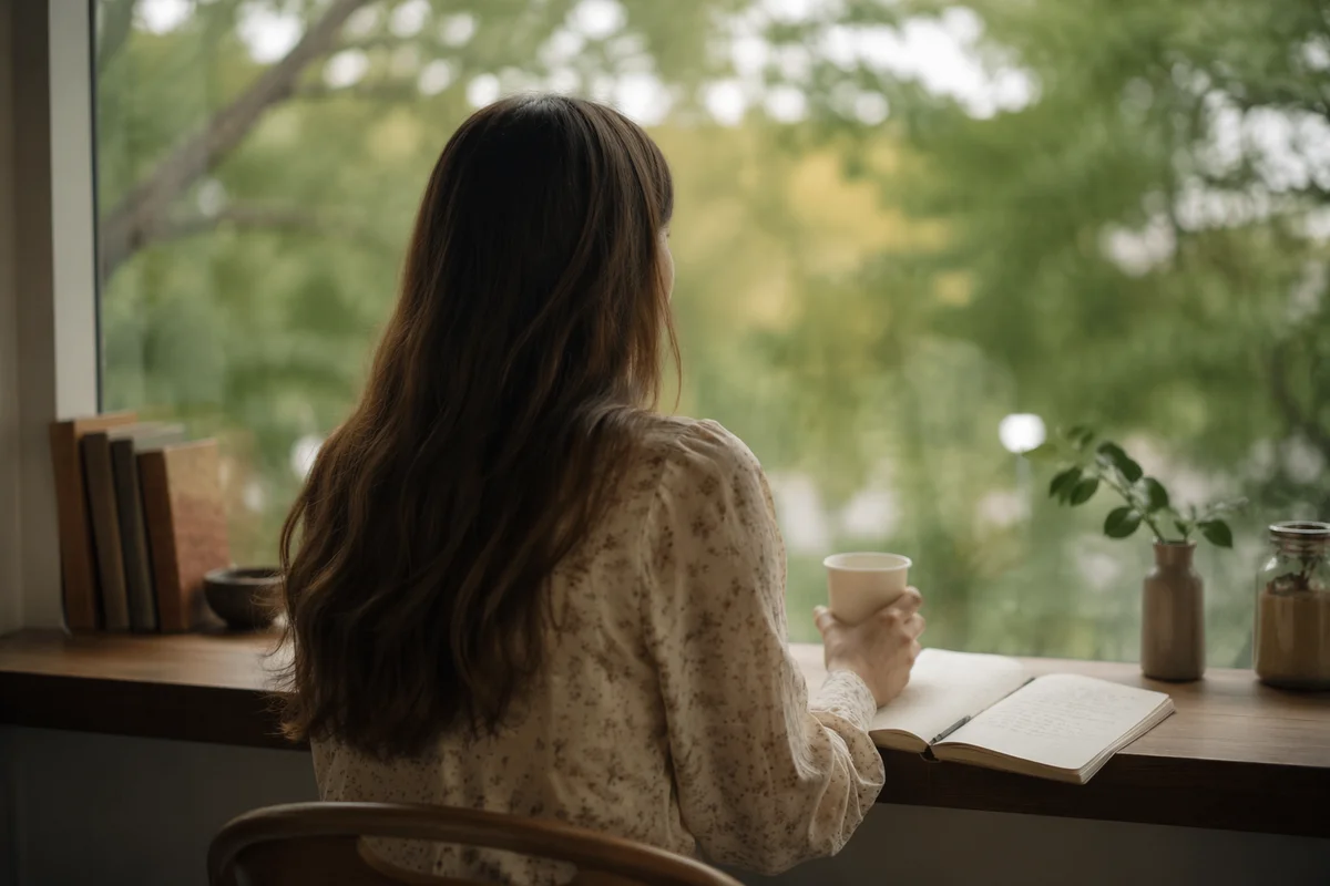 Thoughtful Woman Journaling at Coffee Shop