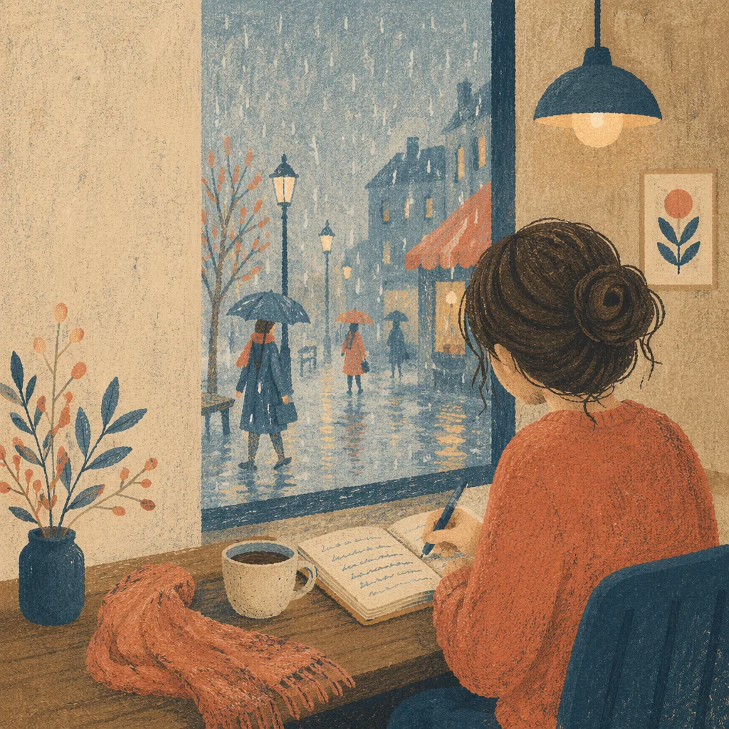 Reflective Woman Journaling by Rainy Cafe Window