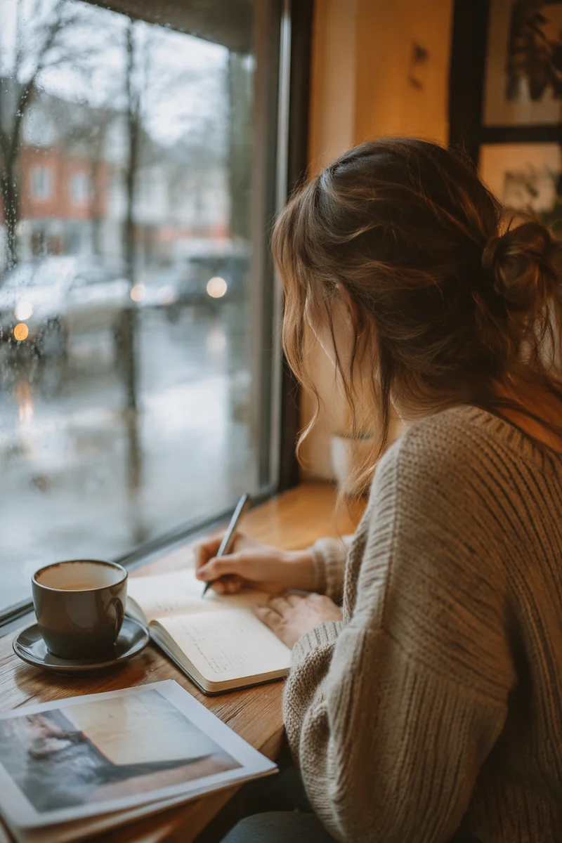 Young Woman Journaling by Coffee Shop Window