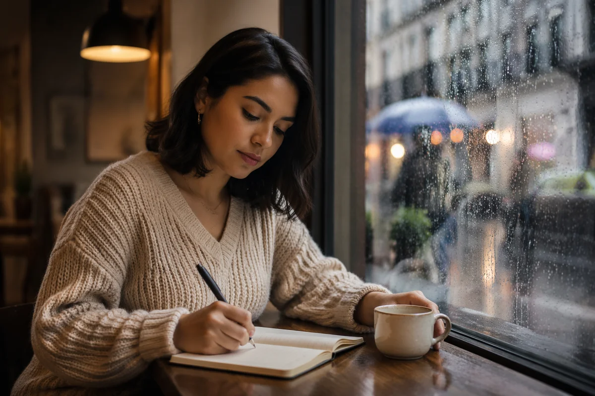 Young Woman Journaling by Coffee Shop Window