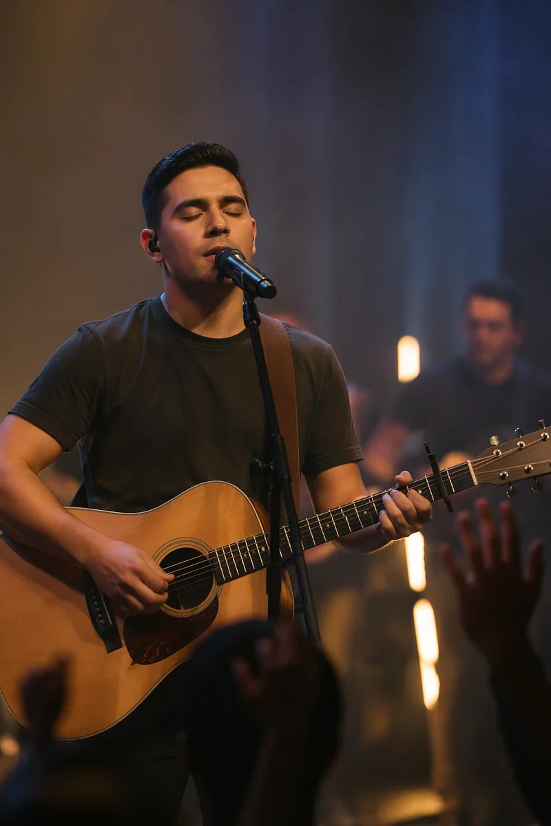 Young Man Singing with Guitar on Stage