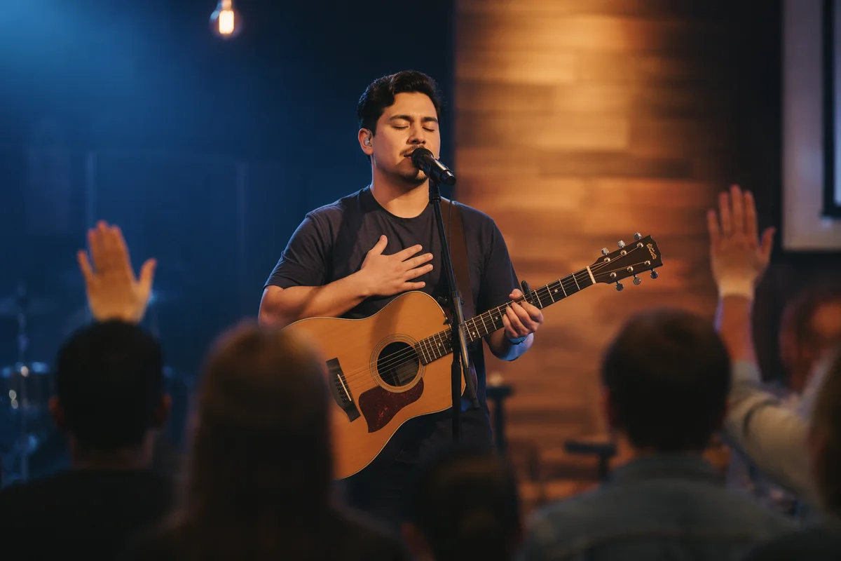Young Man with Guitar on Stage