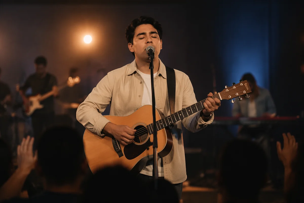 Young Guitarist Singing on Warm Lit Stage