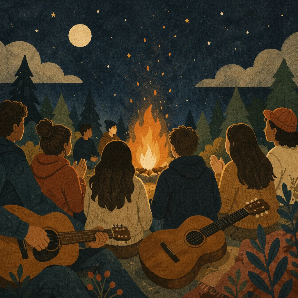 Campfire Gathering with Guitars at Night