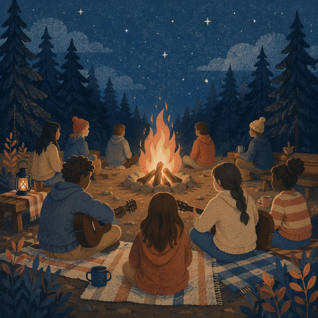 Campers Around Bonfire With Guitars
