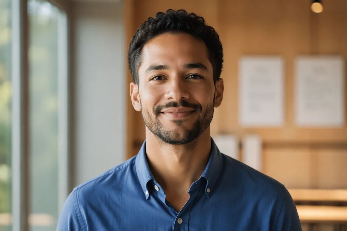 Young Man Smiling in Community Hall