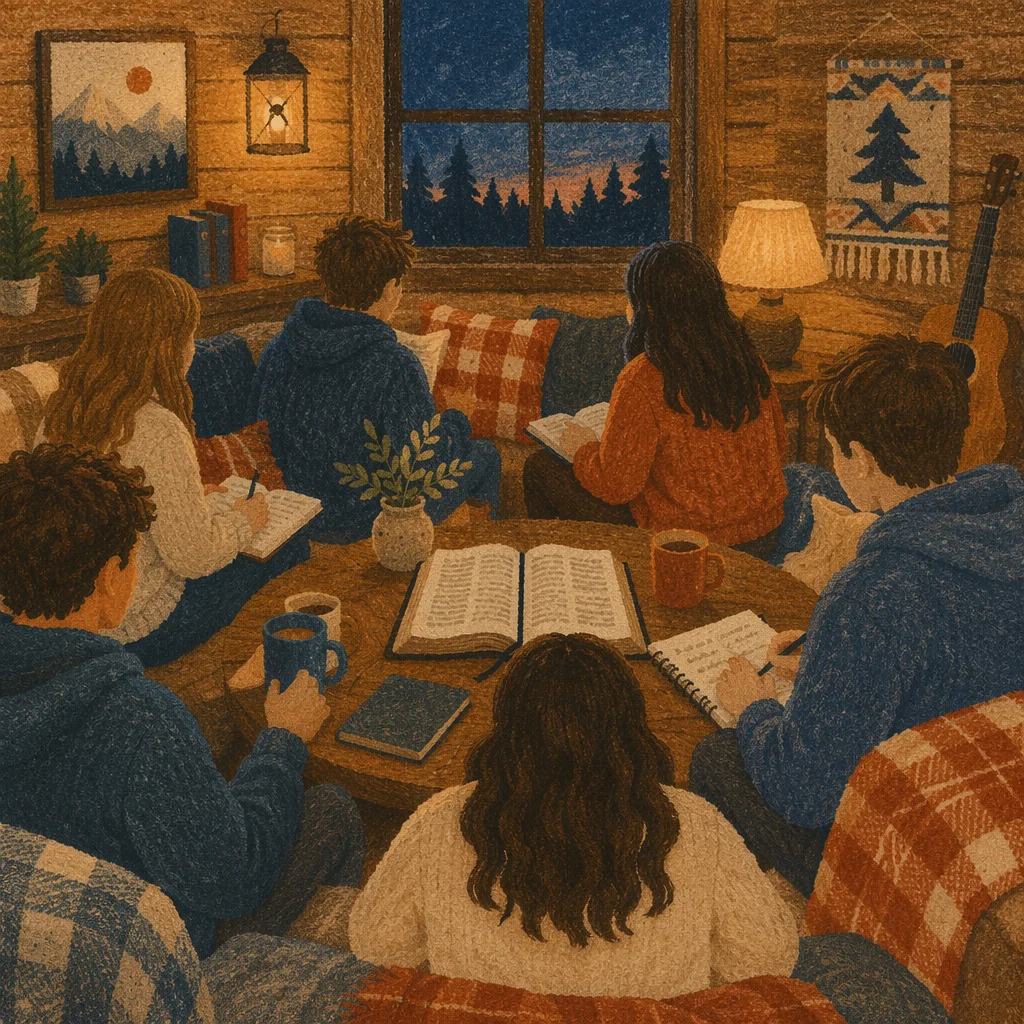 Youth Retreat Bible Discussion in Cabin