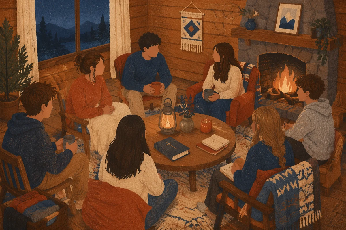Youth Retreat Cabin Bible Discussion at Dusk