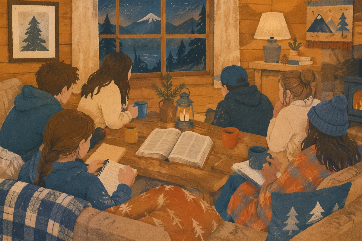 Youth Retreat Bible Discussion in Rustic Cabin