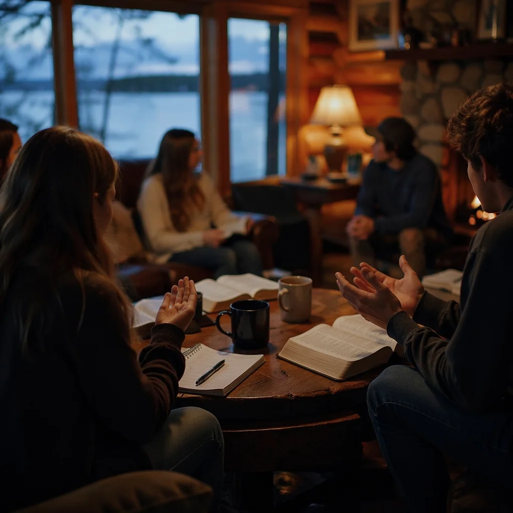 Youth Retreat Bible Discussion in Cabin