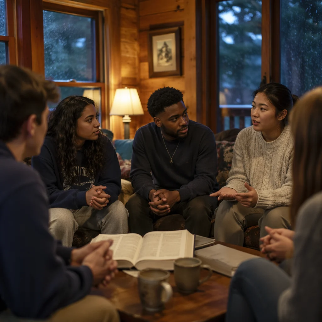 Youth Group Discussion in Rustic Cabin