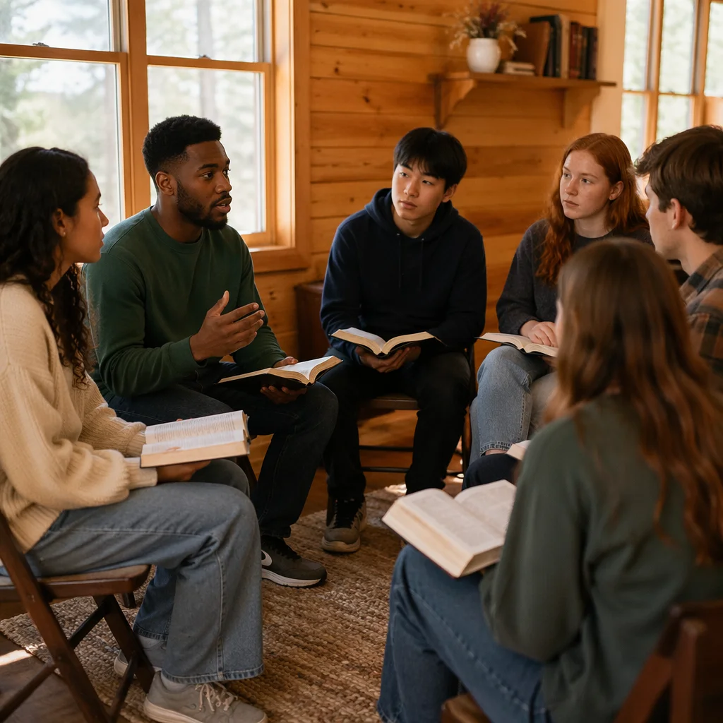 Youth Group Discussion in Rustic Cabin