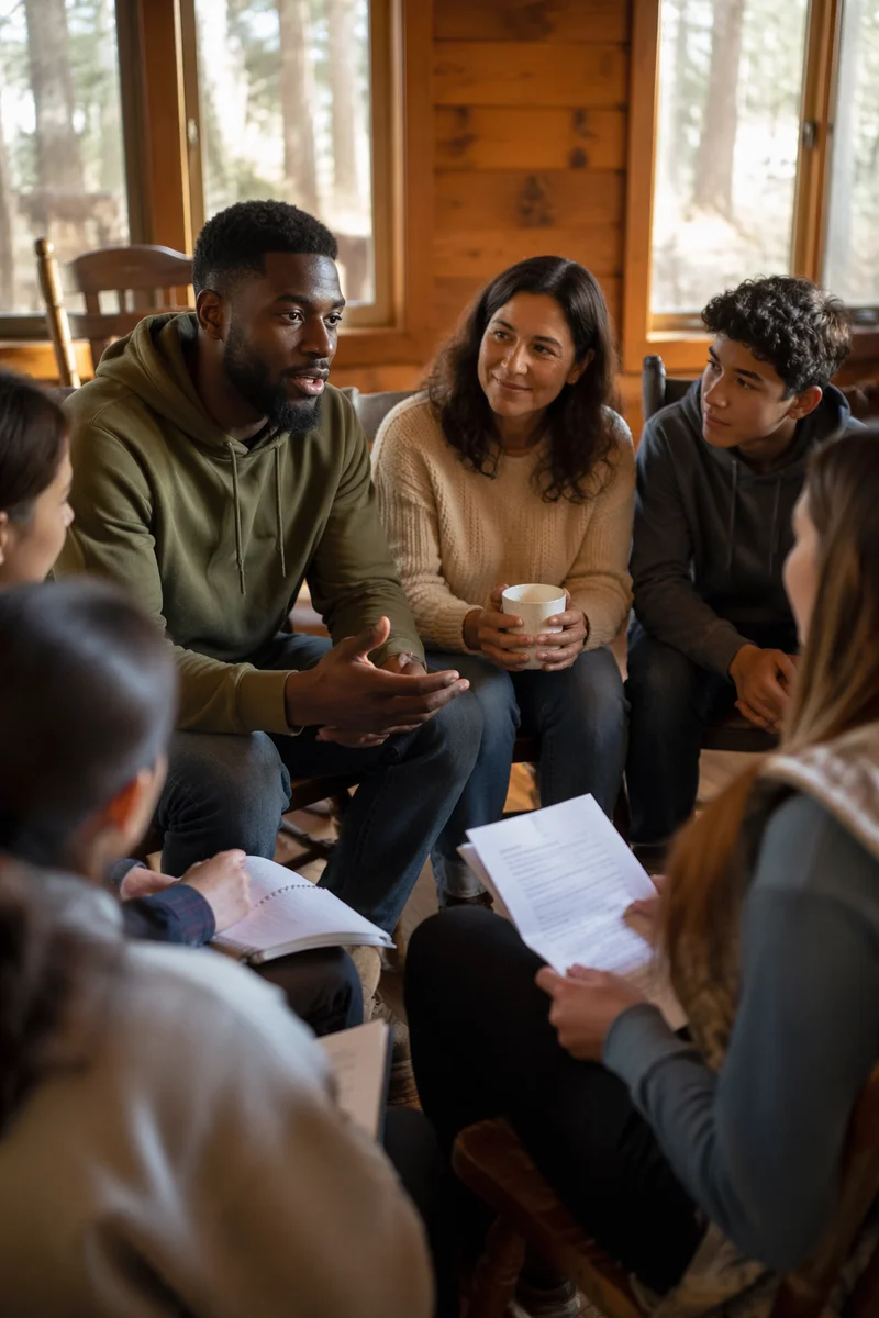 Youth Group Discussion in Wooden Cabin