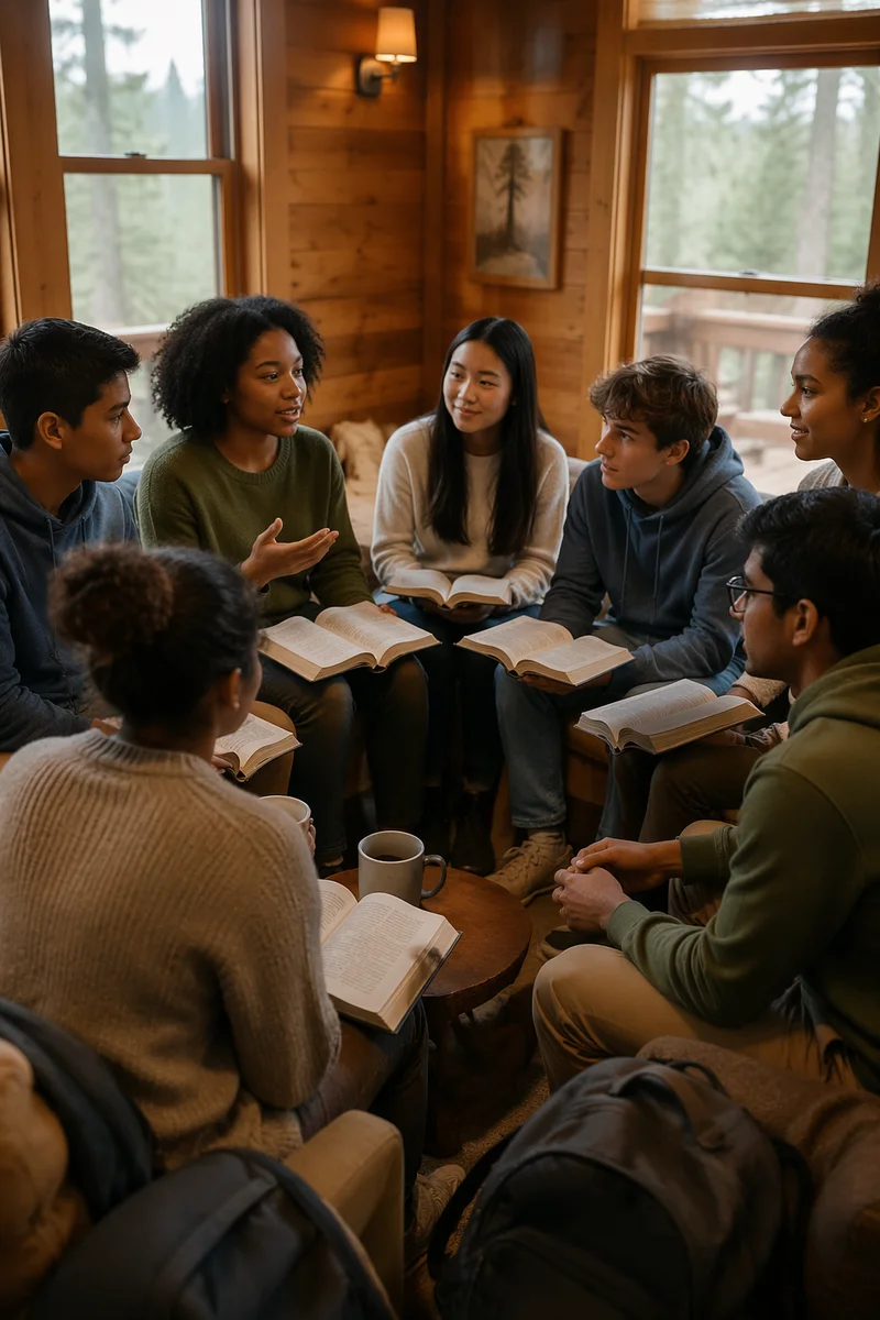 Youth Group Discussion in Rustic Cabin