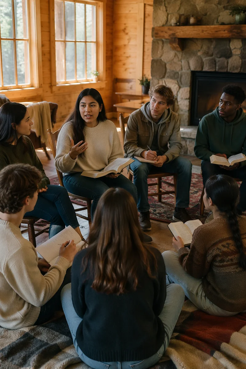 Young Group Discussion in Rustic Cabin