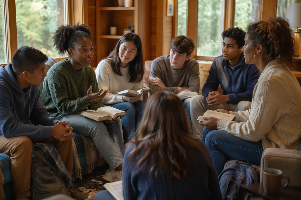 Teens in Cabin Group Discussion Circle