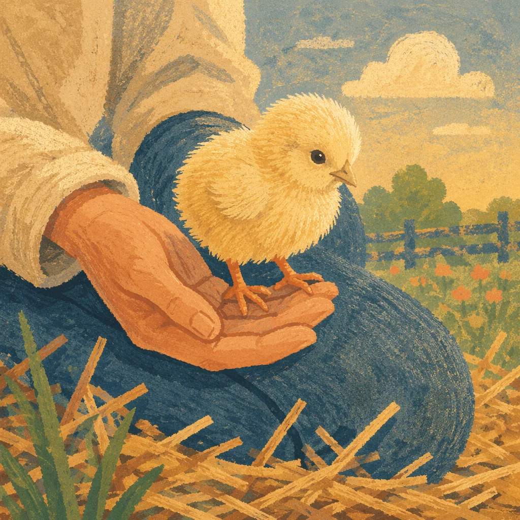 Fluffy Yellow Baby Chick on Farm Hand