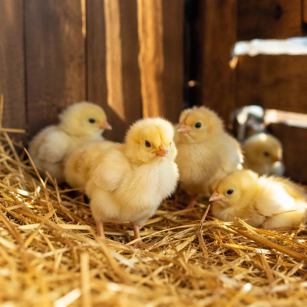 Fluffy Yellow Baby Chicks in Rustic Coop
