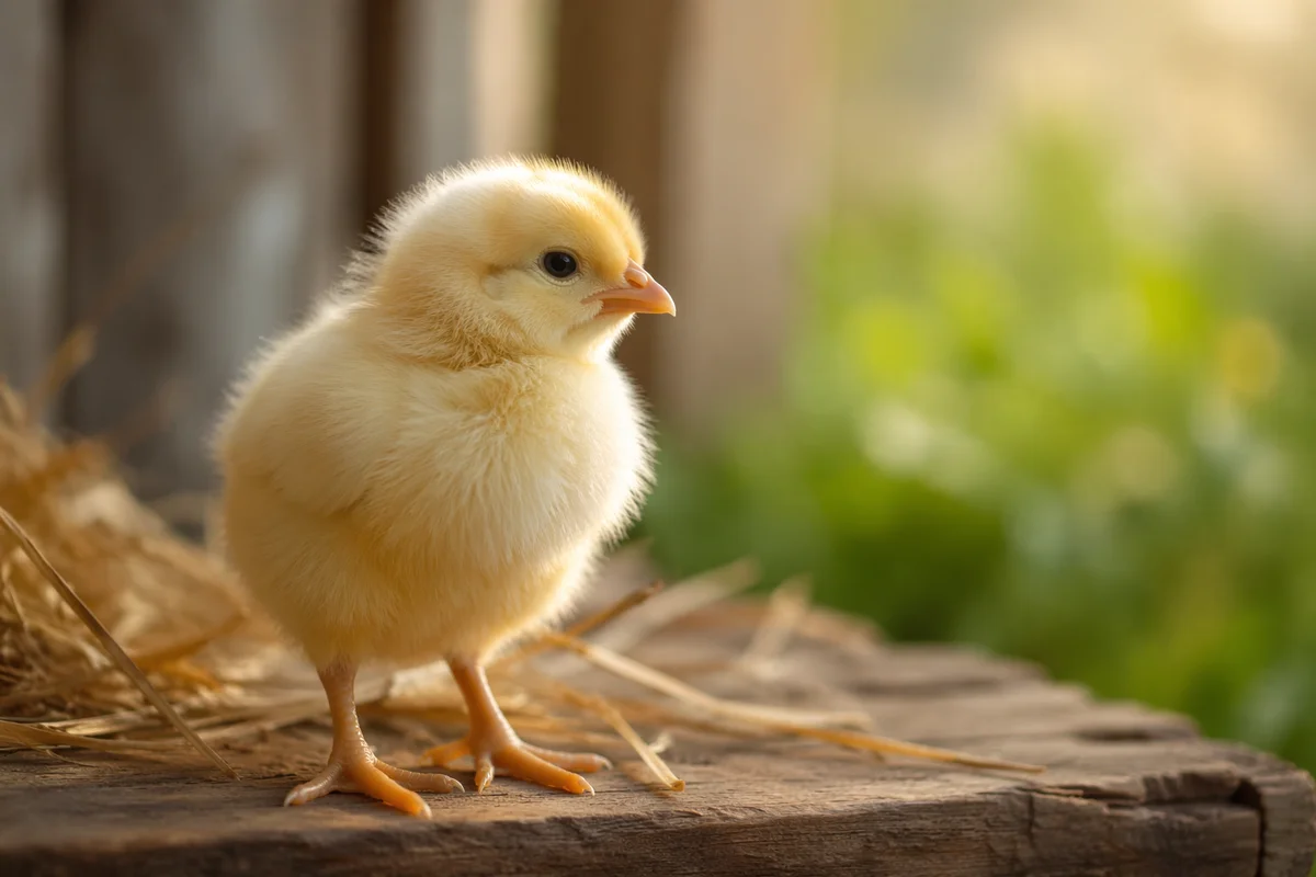 Fluffy Yellow Baby Chick on Farm Straw