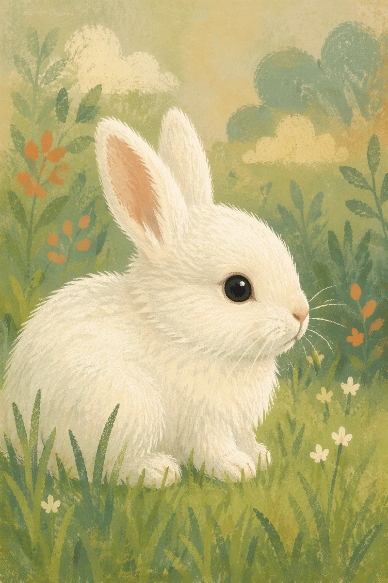 Cute Fluffy White Bunny on Grass