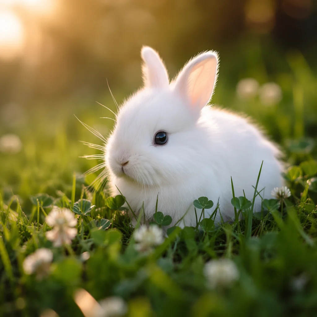 Cute Fluffy White Bunny in Spring Grass