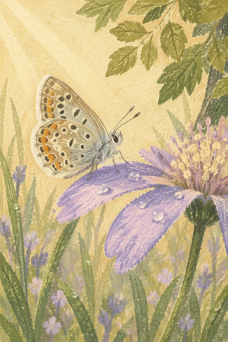 Butterfly Landing on Dewy Wildflower Macro