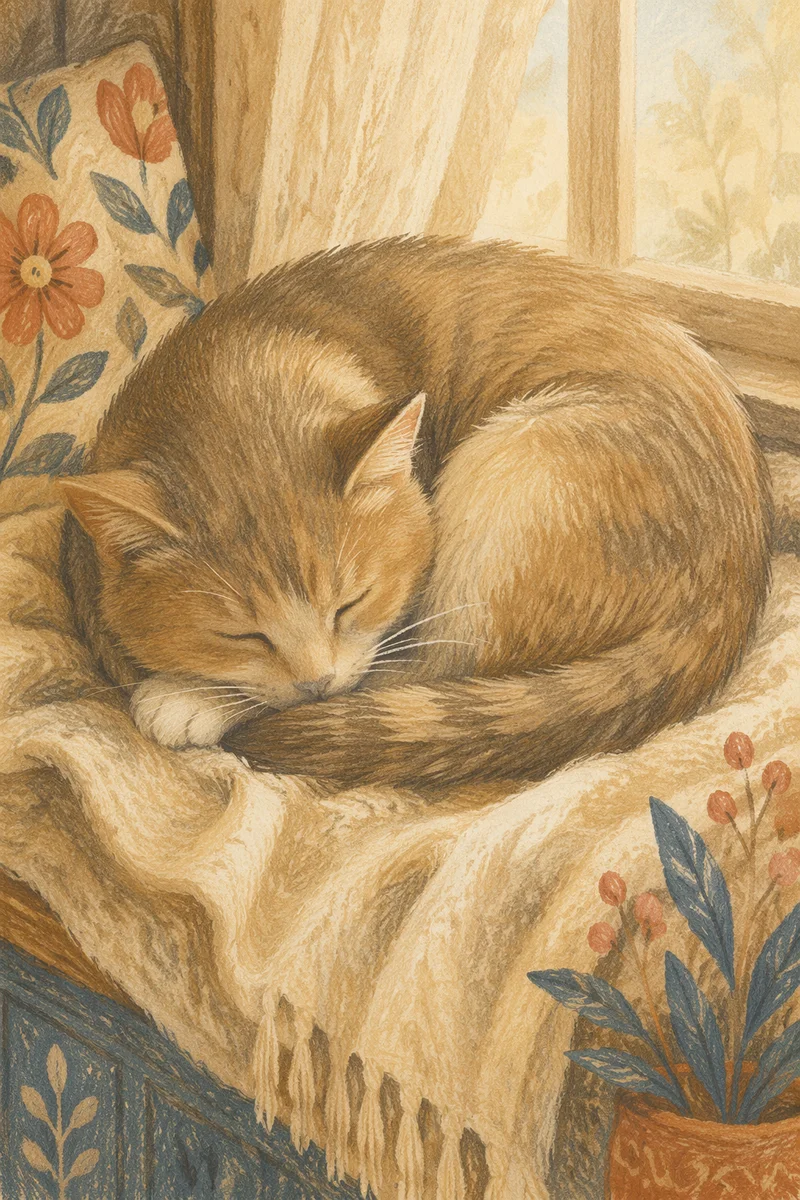 Cozy Sleeping Cat on Window Blanket