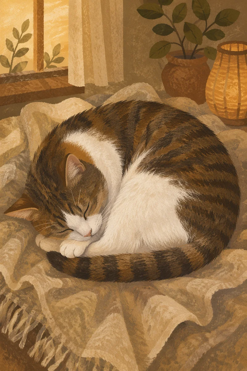 Cozy Sleeping Tabby Cat on Blanket