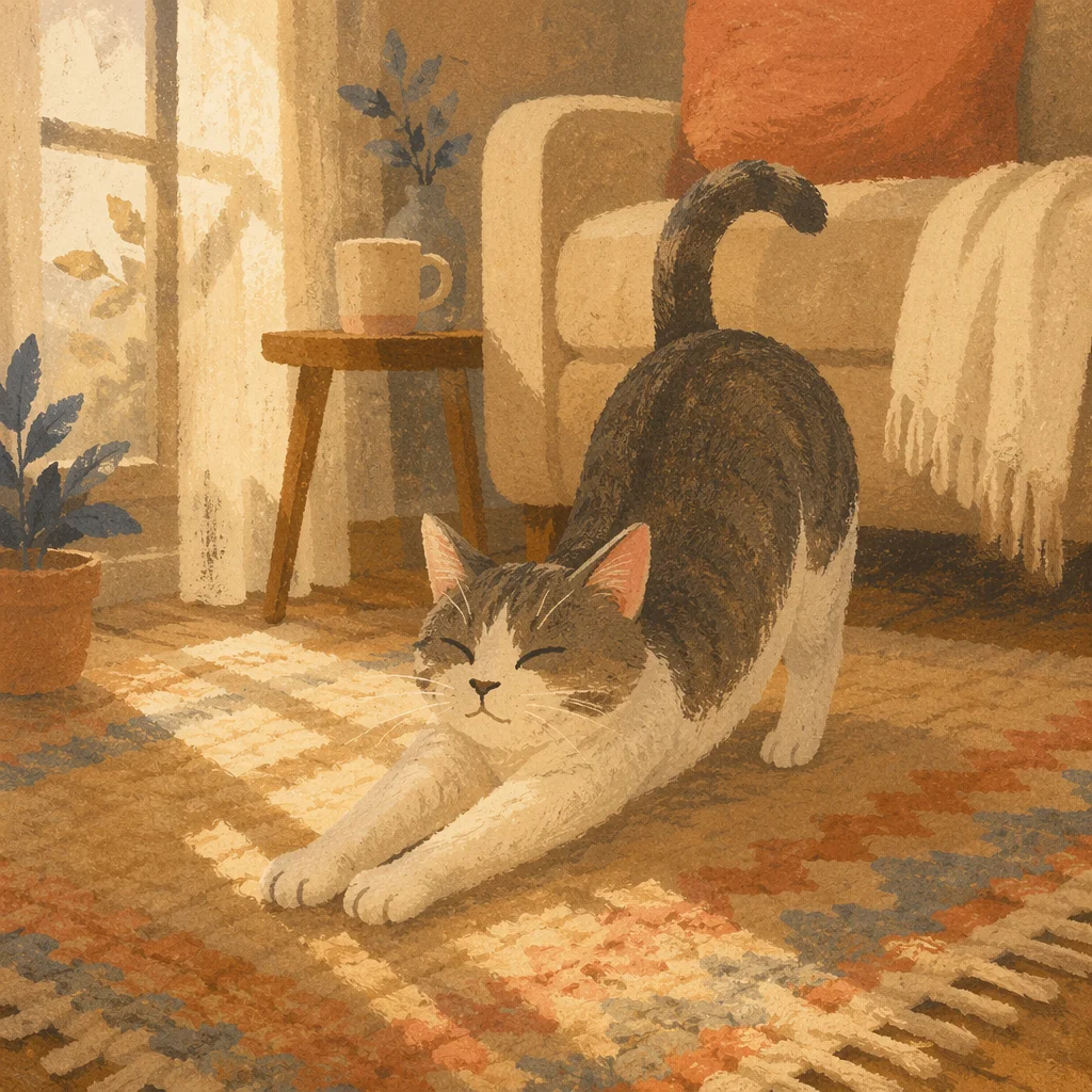 Cozy Morning Cat Stretch in Sunlight