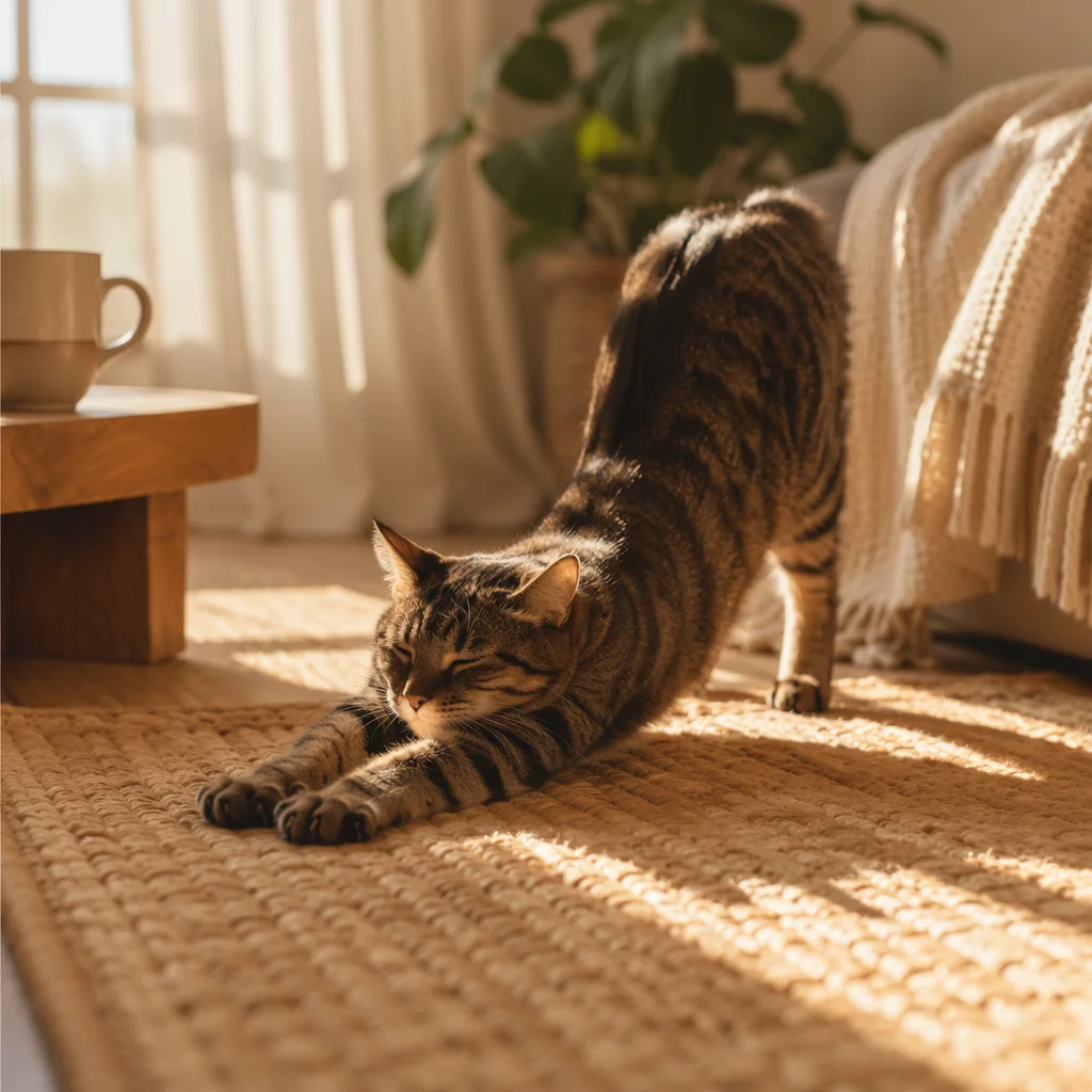 Cozy Morning Cat Stretching in Sunlight