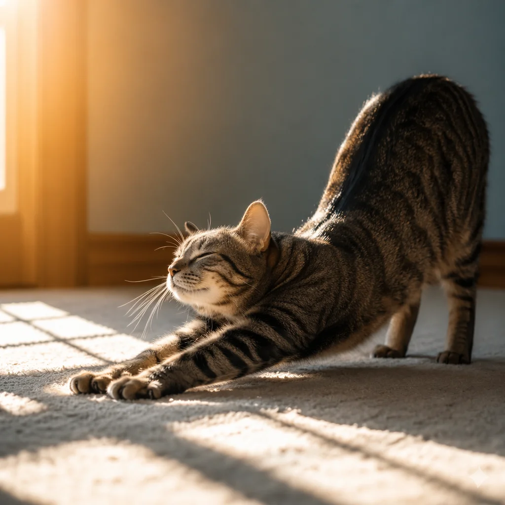 Tabby Cat Stretching in Morning Sunlight