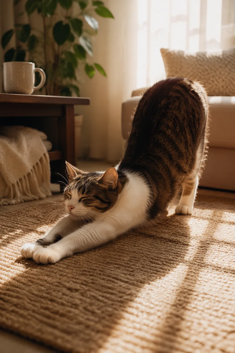 Cozy Cat Stretching in Morning Sunlight