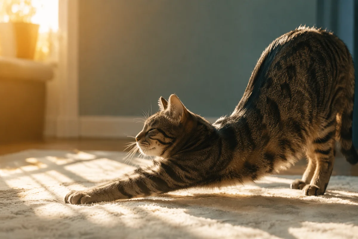Tabby Cat Stretching in Morning Sunlight