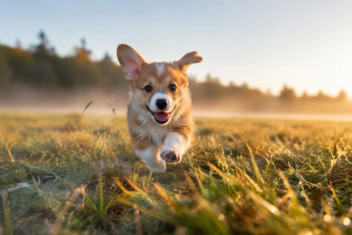 Joyful Corgi Puppy Running Through Meadow