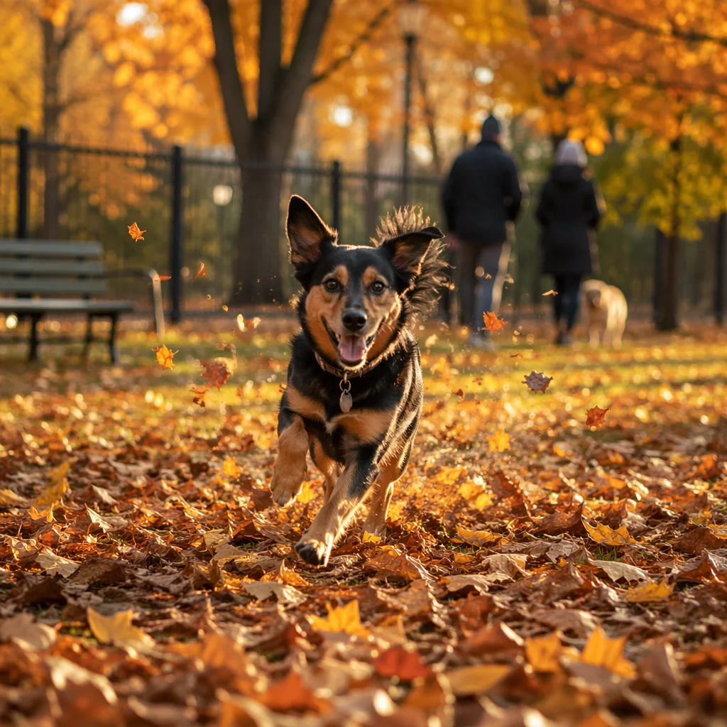 Joyful Dog Running Through Autumn Park