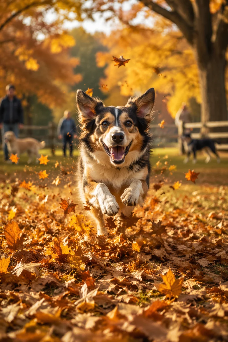 Joyful Dog Running Through Autumn Leaves