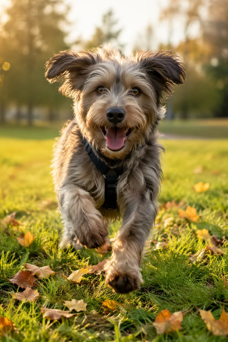 Joyful Dog Running Through Autumn Park