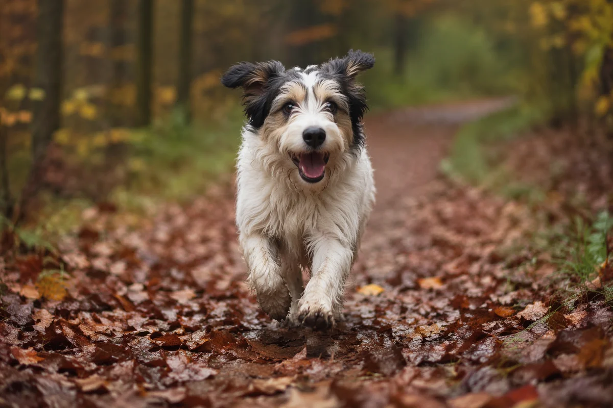 Joyful Shaggy Dog Running Through Autumn Park
