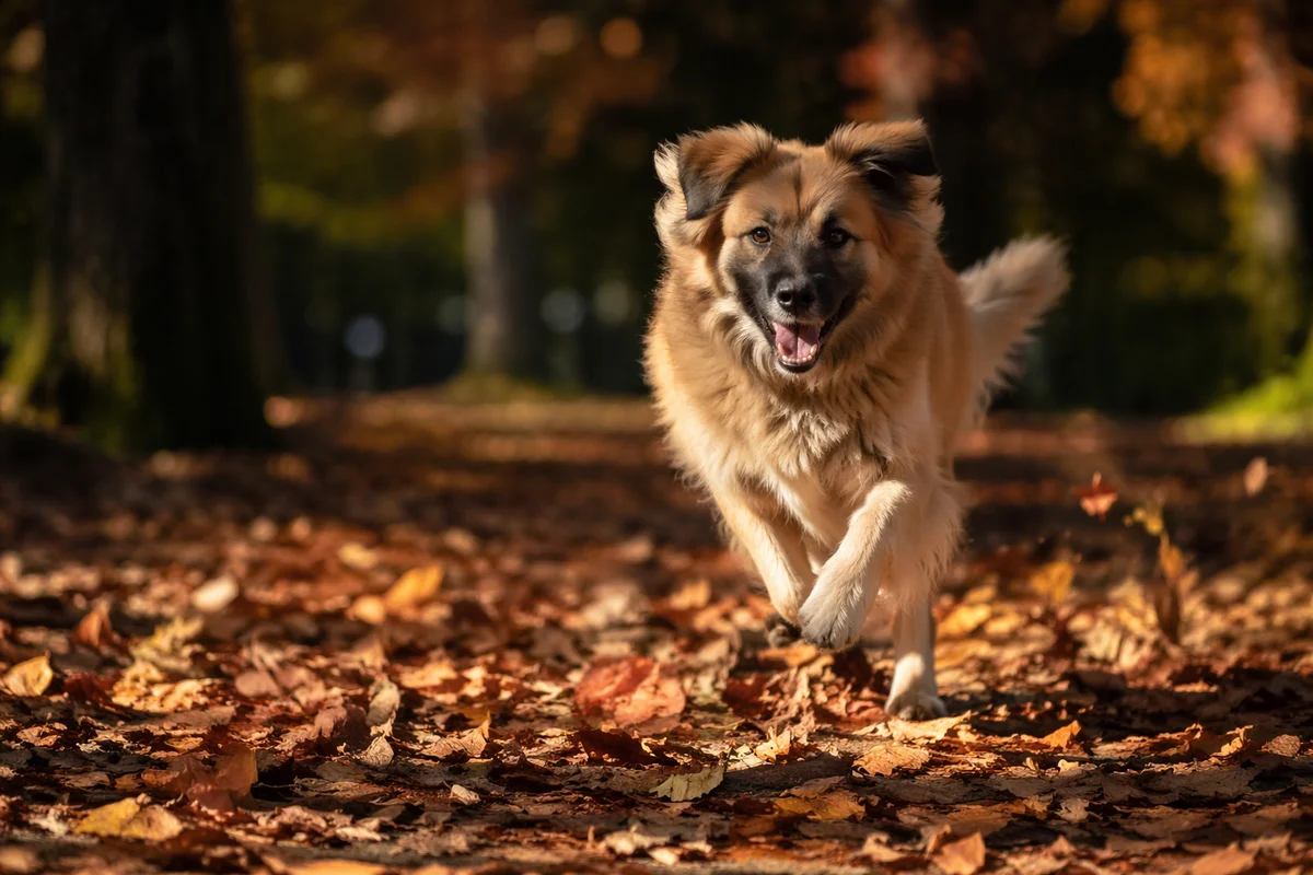 Joyful Dog Running Through Autumn Leaves