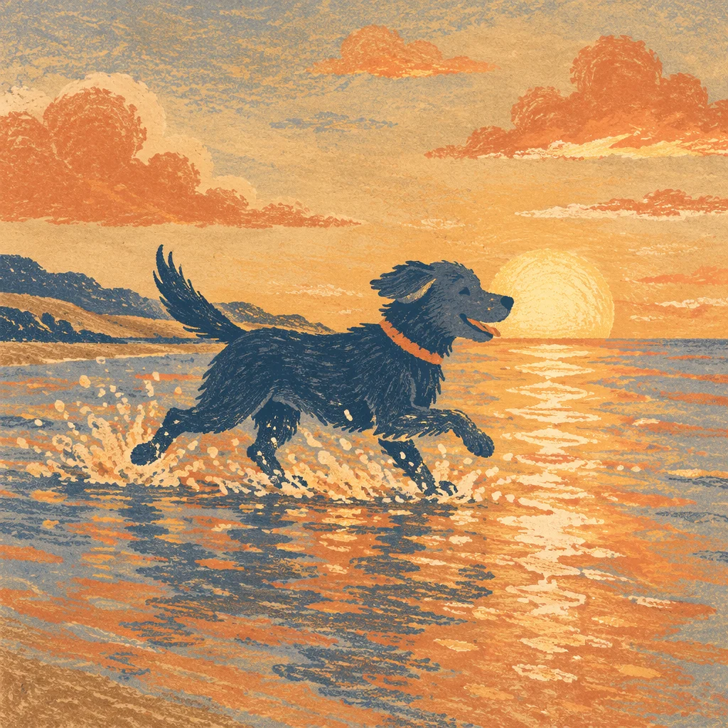 Joyful Dog Running at Sunset Beach