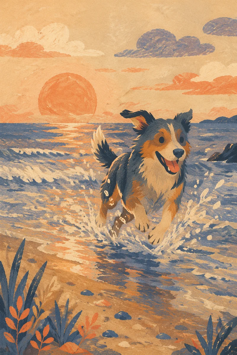 Joyful Dog Running Through Sunset Surf