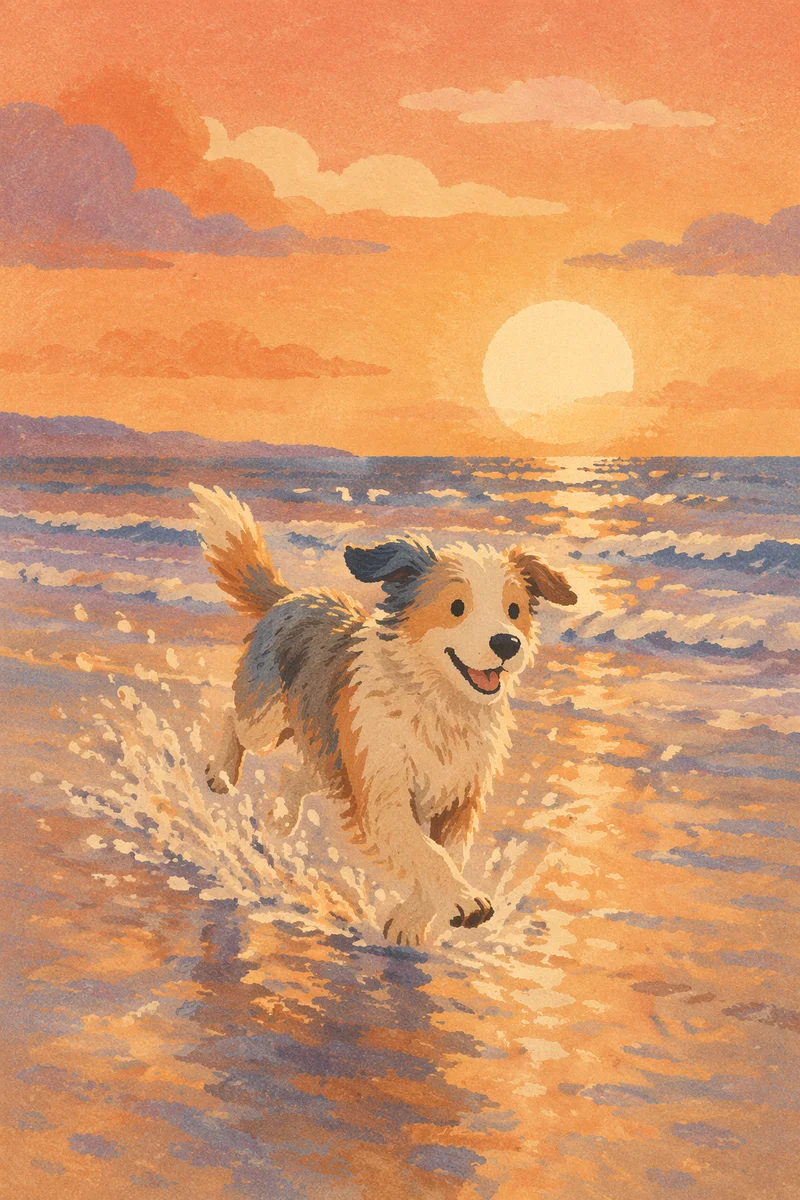Joyful Dog Running at Beach Sunset