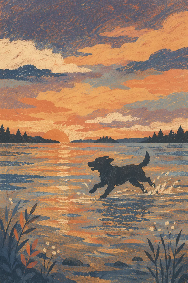 Playful Dog Splashing at Sunset Beach
